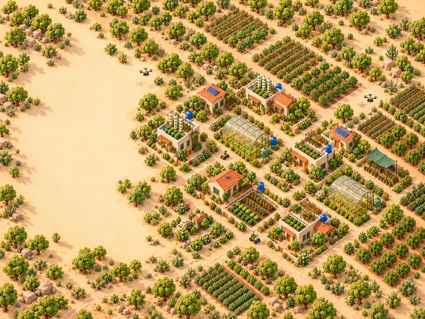 Wide aerial clay neighbourhood with rooftop gardens, polyhouses, soil farms and small farm robots